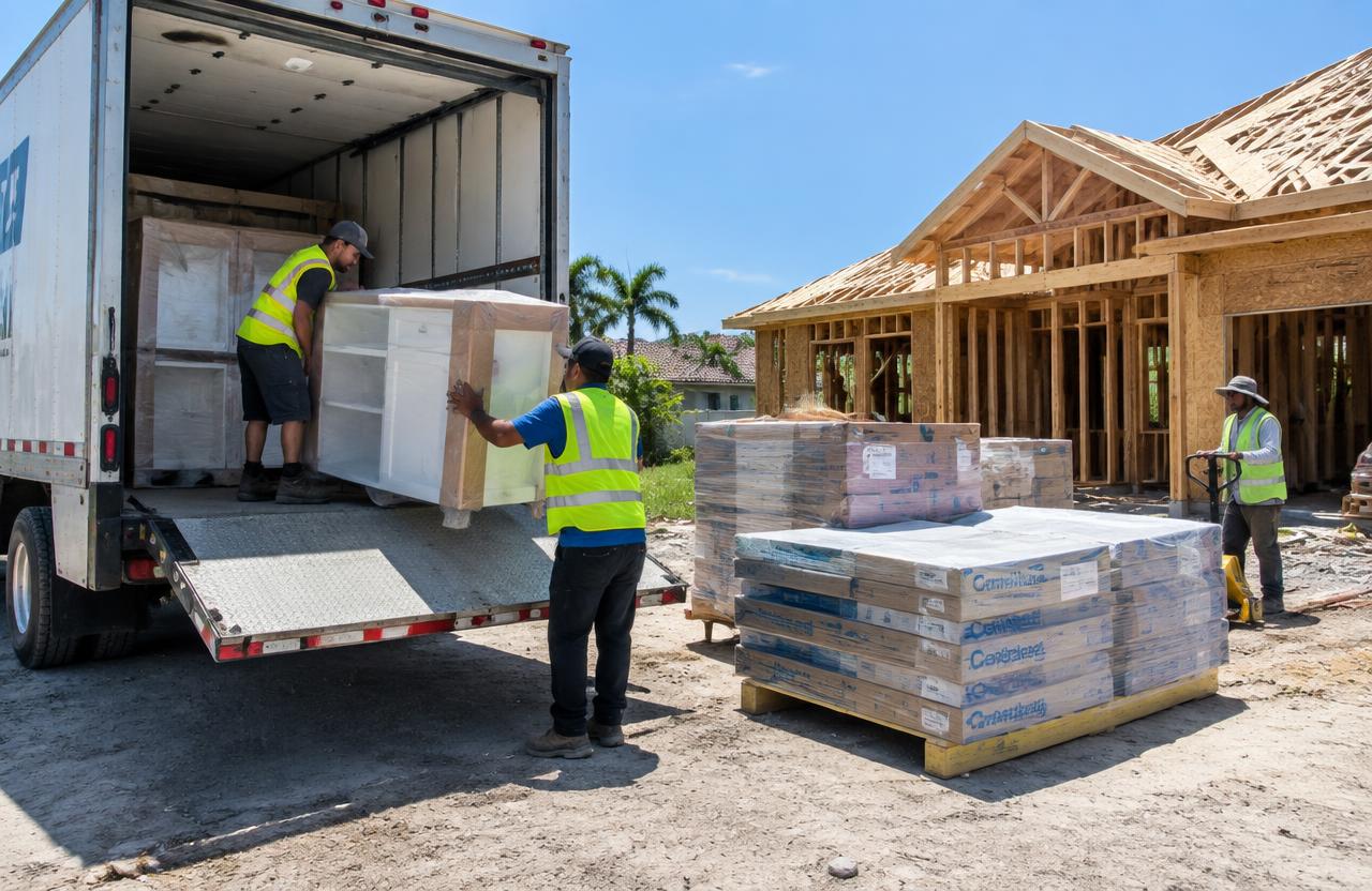 Delivery crew unloading wrapped cabinets and palletized materials at a residential construction site