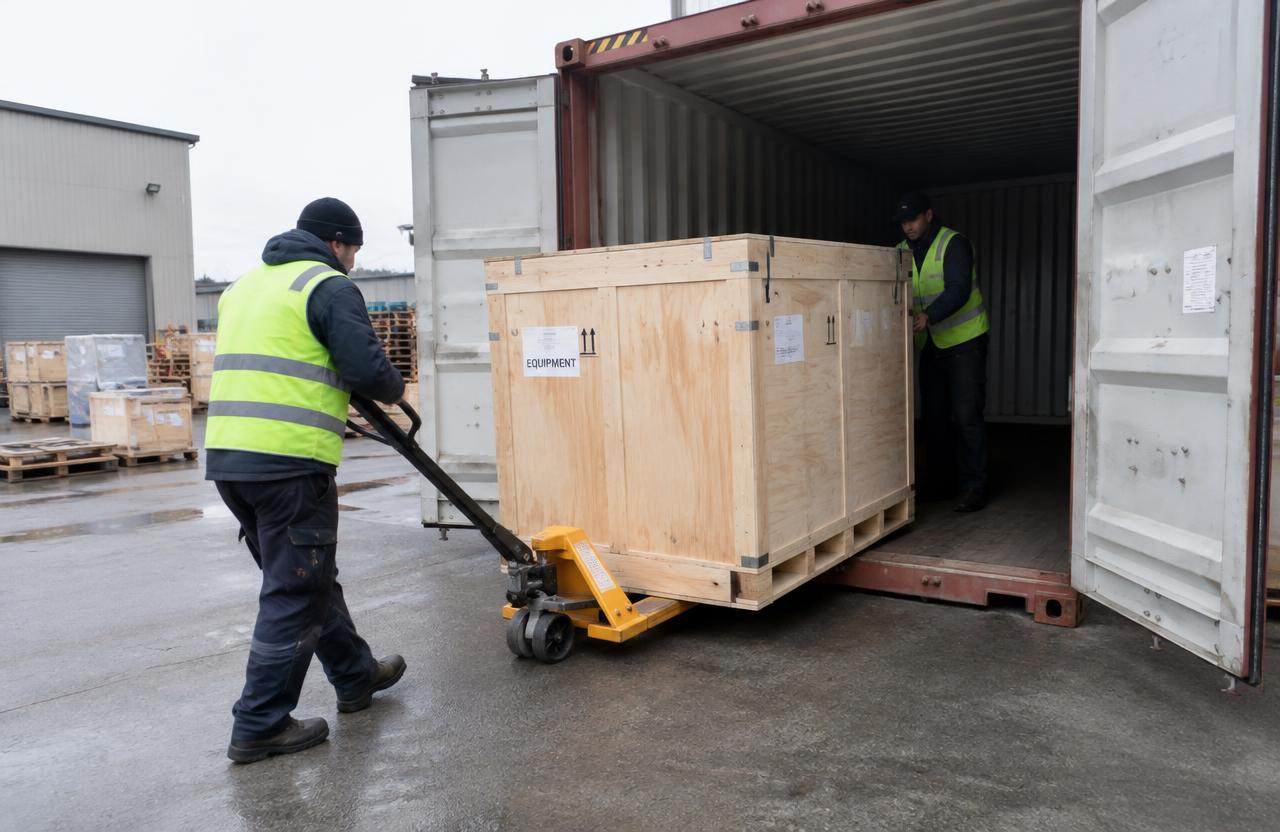 Workers using a pallet jack to unload a wooden equipment crate from a shipping container
