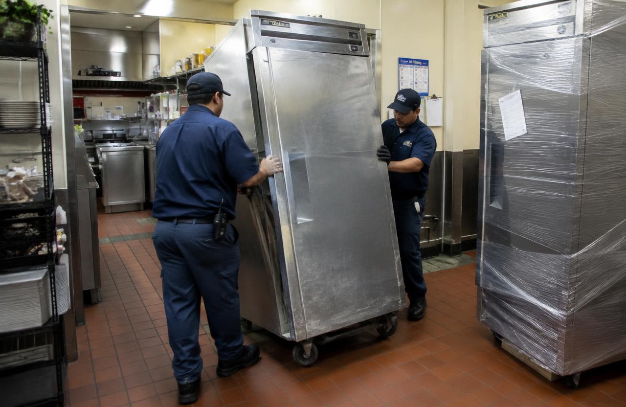 Crew moving a stainless upright refrigerator inside a commercial kitchen beside a wrapped new unit
