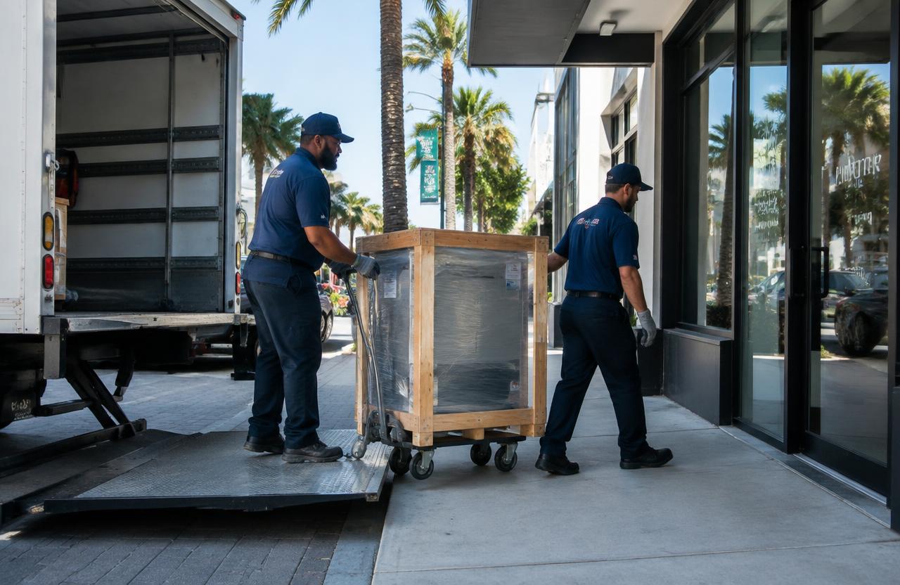Delivery crew rolling crated commercial equipment off a liftgate truck toward a storefront