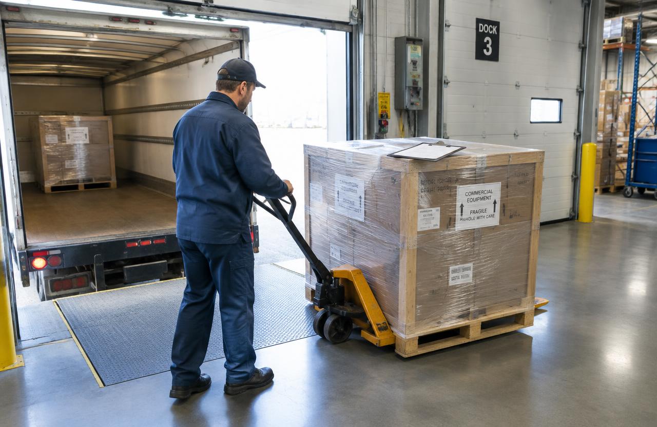 Worker using a pallet jack to receive crated commercial equipment at a warehouse loading dock
