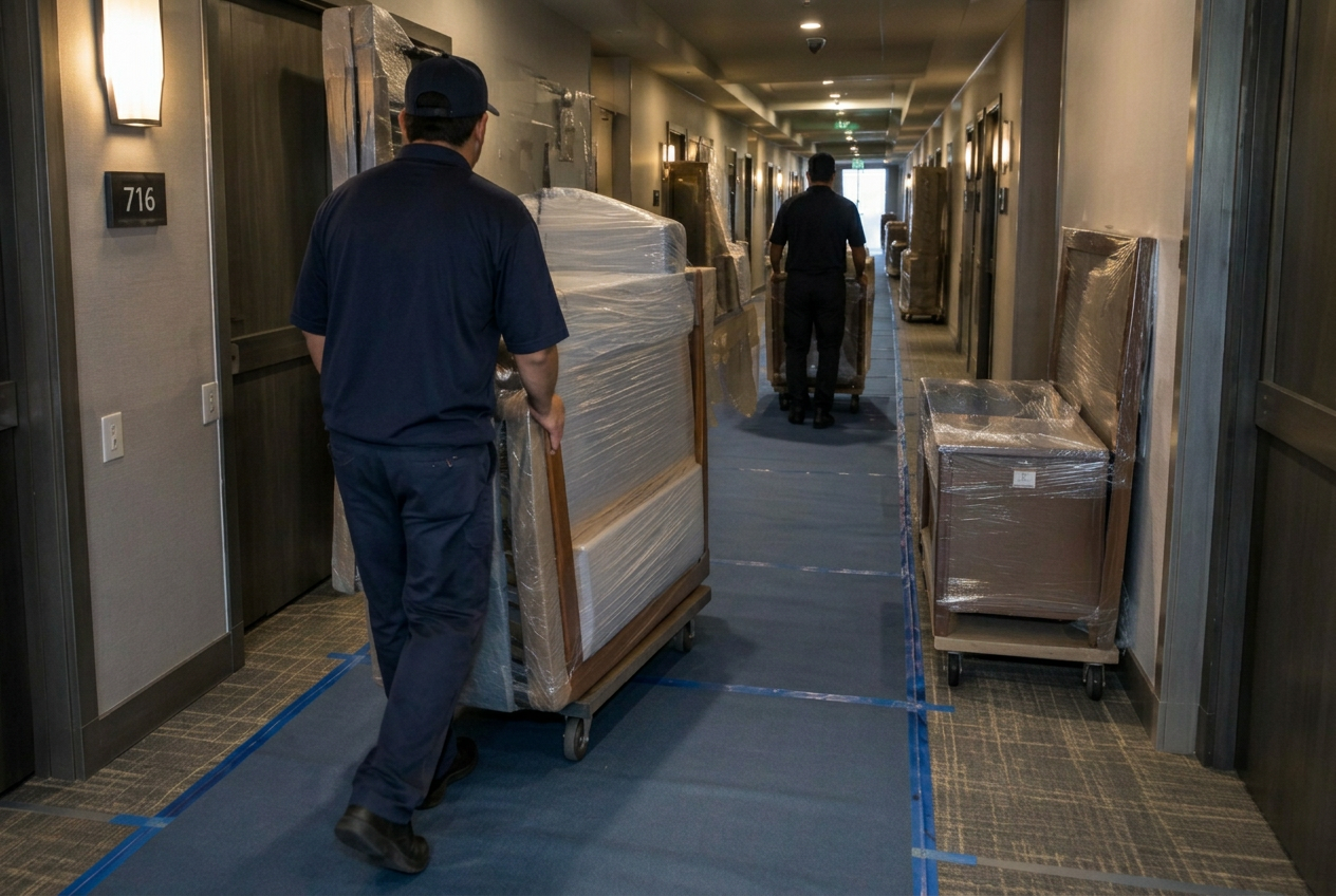 Wrapped furniture, fixtures and equipment being wheeled down a corridor during a FF&E delivery