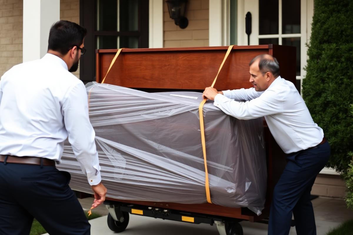 Upright piano wrapped and secured on a piano dolly in Orlando