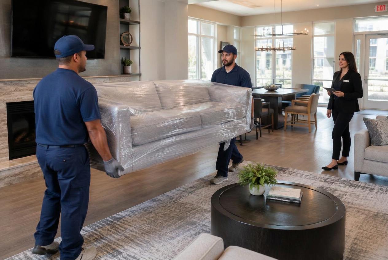 Movers carrying a new sofa into a clubhouse lounge while a property manager watches
