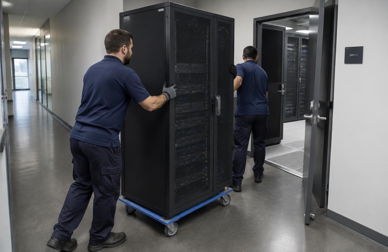 Two movers rolling a tall black server rack on a dolly toward a server room