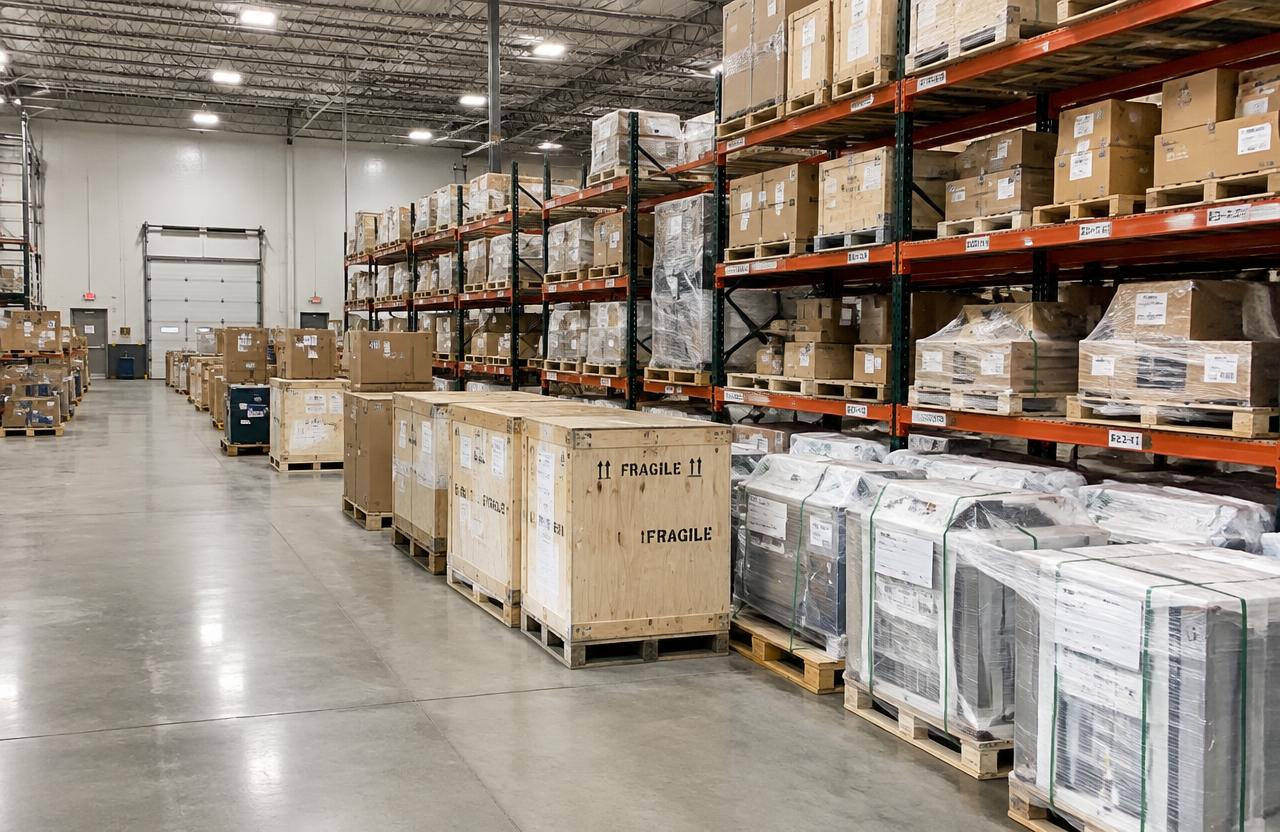 Crated equipment and wrapped pallets staged in a warehouse ahead of a trade show
